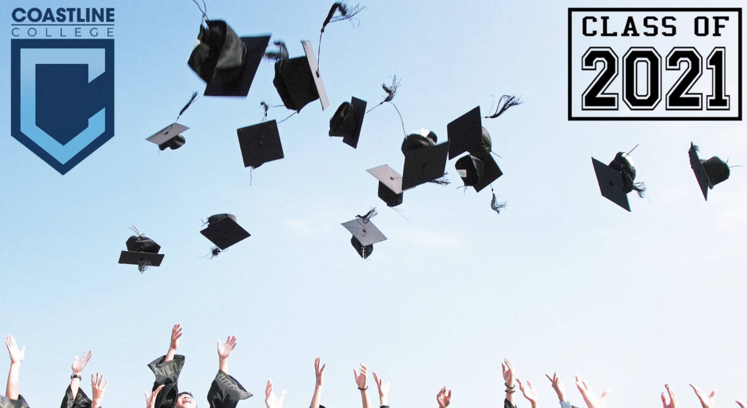 Students throwing their caps in the air. Coastline 2021.